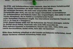 Gute Idee:  ICE = In Case of Emergency –  Angehörige benachrichtigen
