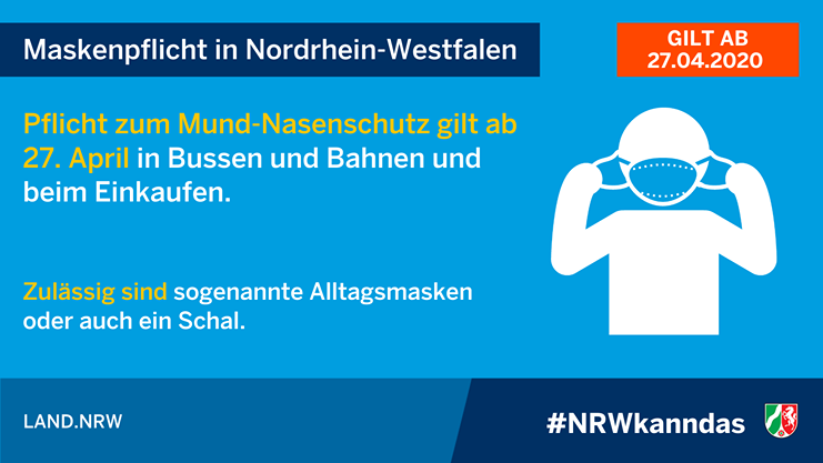 Maskenpflicht in Nordrhein-Westfalen, Niedersachsen, Rheinland-Pfalz ab 27.04.20