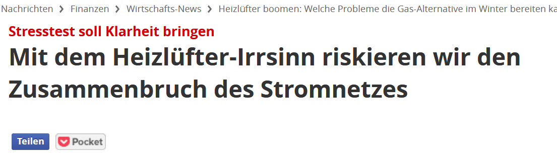 Mit dem Heizlüfter-Irrsinn riskieren wir den Zusammenbruch des Stromnetzes