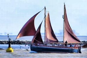 Emden Segeln auf der Ems am Geisedamm zwischen Emsfahrwasser und Dollart Ditzum am Horizont