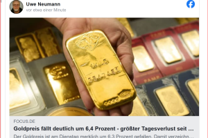 Goldpreis fällt deutlich um 6,3 Prozent – größter Tagesverlust seit 12 Jahren