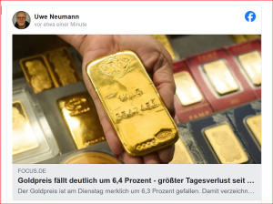 Goldpreis fällt deutlich um 6...